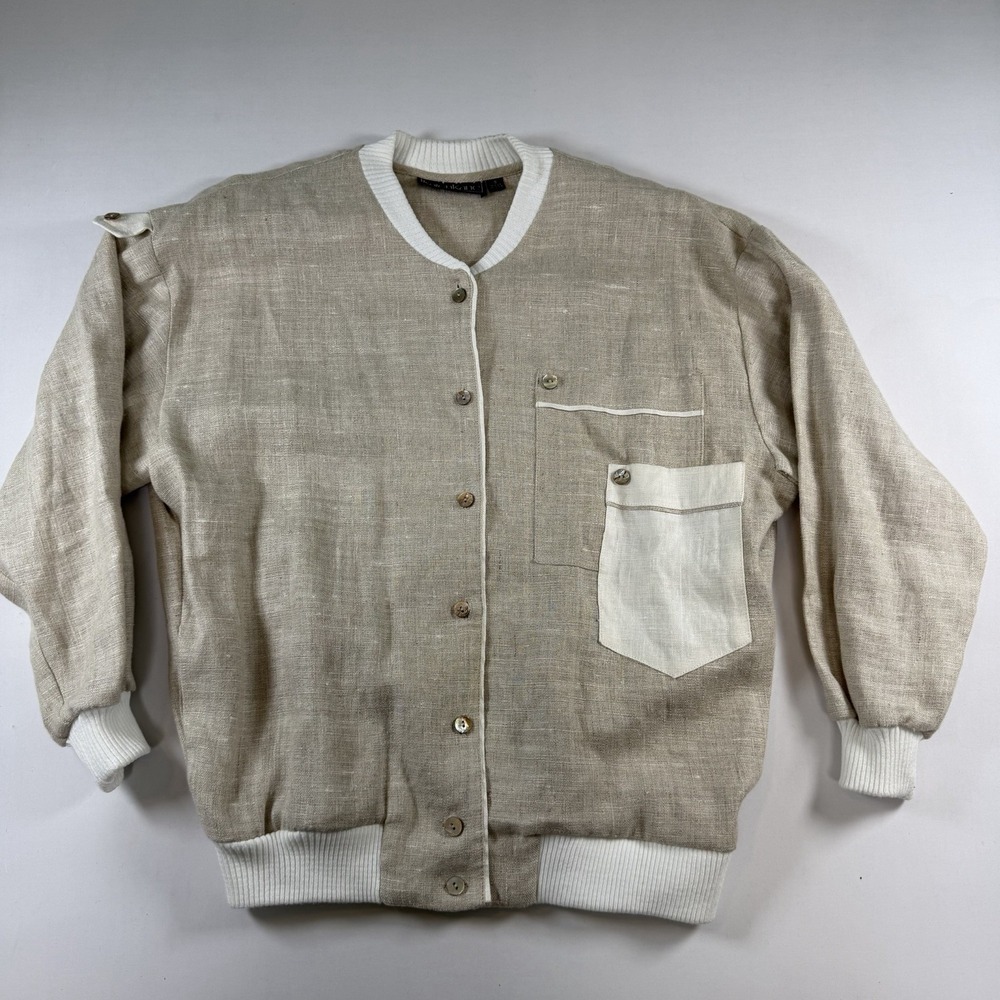 Vtg Karen Kane 100% Linen Bomber Jacket Small Beige Buttons Made USA Minimalist